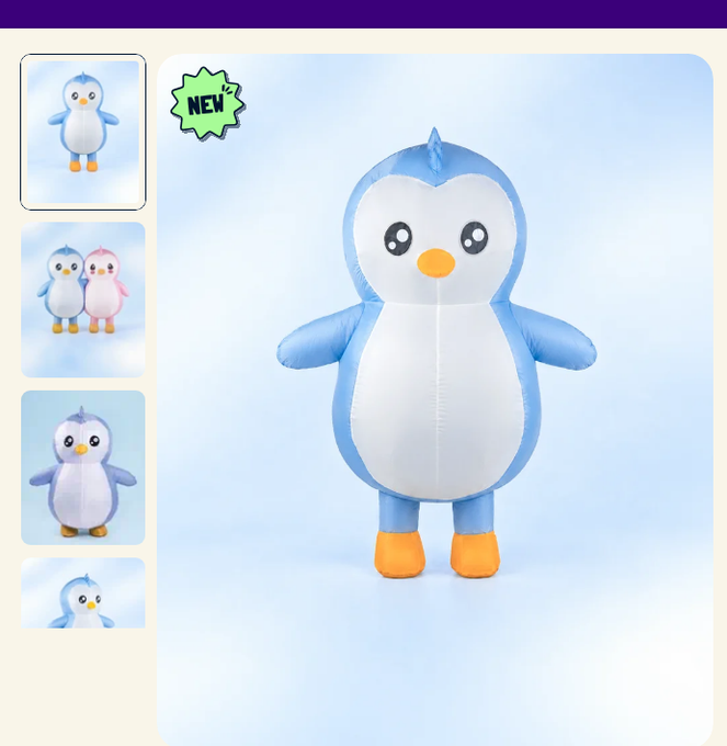Product listing for a blue and white penguin plushie marked "NEW," showing the main large plushie alongside smaller thumbnails of similar penguin designs in different colors.