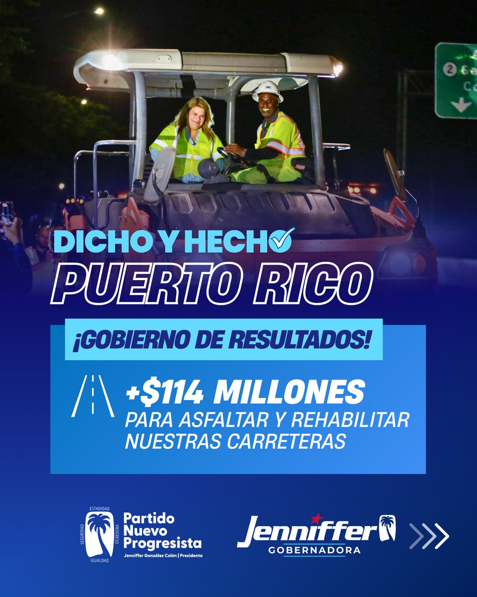pnp_pr's tweet photo. #DichoYHecho ✅: Prometimos atender nuestras carreteras y estamos cumpliendo.

Bajo el liderato de nuestra presidenta y gobernadora, Jenniffer González Colón, se logró la aprobación de $114.4 millones para continuar la rehabilitación de la red vial de Puerto Rico.

El compromiso que asumimos con Puerto Rico se está convirtiendo en obra, resultados y acción.

Dijimos que lo íbamos a hacer. Lo estamos haciendo. 👷‍♂️🚧