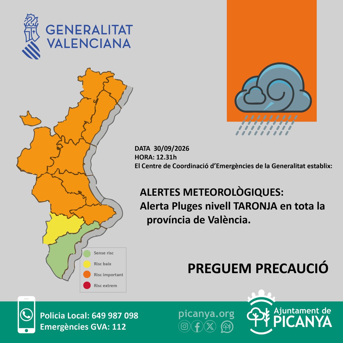 aPicanya's tweet photo. El Centre de Coordinació d’Emergències de la Generalitat establix el nivell d'alerta TARONJA per pluges.
L'Ajuntament posa en alerta els serveis municipals i decideix mantindre el normal funcionament de totes les instal·lacions.
Més informació:
https://t.co/RlDAERbfQY https://t.co/dbiDwSPq00