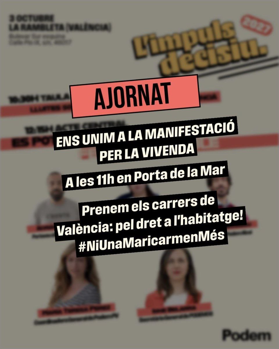 PodemBenicarlo's tweet photo. 📣ATENCIÓ! Aquest dissabte ens unim a la manifestació per la vivenda. S'ajorna la jornada que teniem programada, és urgent eixir al carrer per defensar el dret a l'habitatge ‼️ #Podemos #NiUnaMaricarmenMés

Ens veiem als carrers! ✊🏼✊🏼✊🏼 https://t.co/tcYoe2sutK