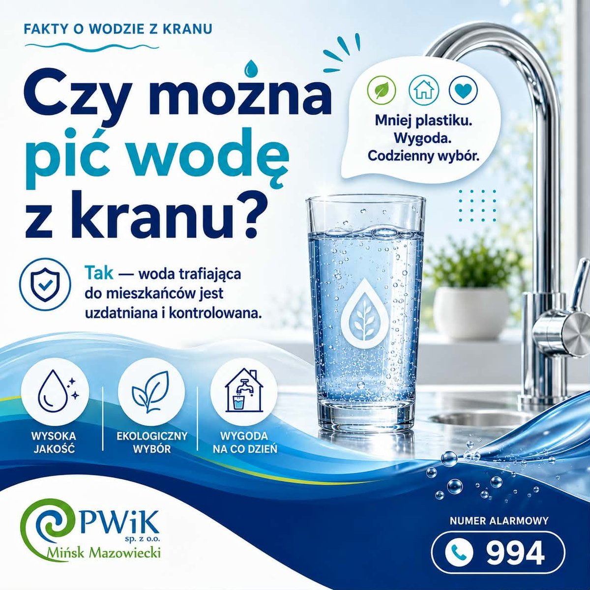 MinskPwik's tweet photo. Czy można pić wodę z kranu?
Woda dostarczana mieszkańcom przechodzi proces uzdatniania i podlega kontroli, zanim trafi do naszych domów.
Picie kranówki to także prosty sposób na ograniczenie liczby plastikowych butelek w codziennym życiu.
#PWiK #MińskMazowiecki #DbamyOŚrodowisko https://t.co/TsFk27RXjP