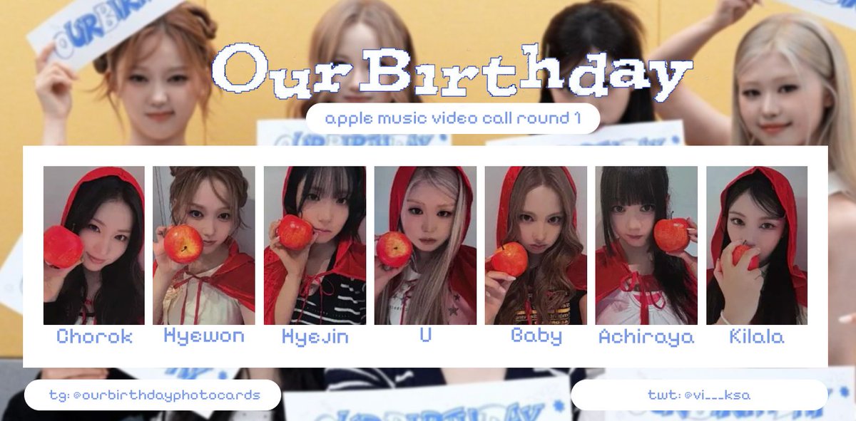 vi___ksa's tweet photo. OURBIRTHDAY Our birthday apple music video call round 1 photocard template

Google drive for better quality:
https://t.co/vxZdFC6QvR

#OURBIRTHDAY #OBD #Baby #Achiraya #Hyejin #U #Hyewon #Kilala #Chorok #아워벌스데이 포카 https://t.co/ABGyEoqvb7