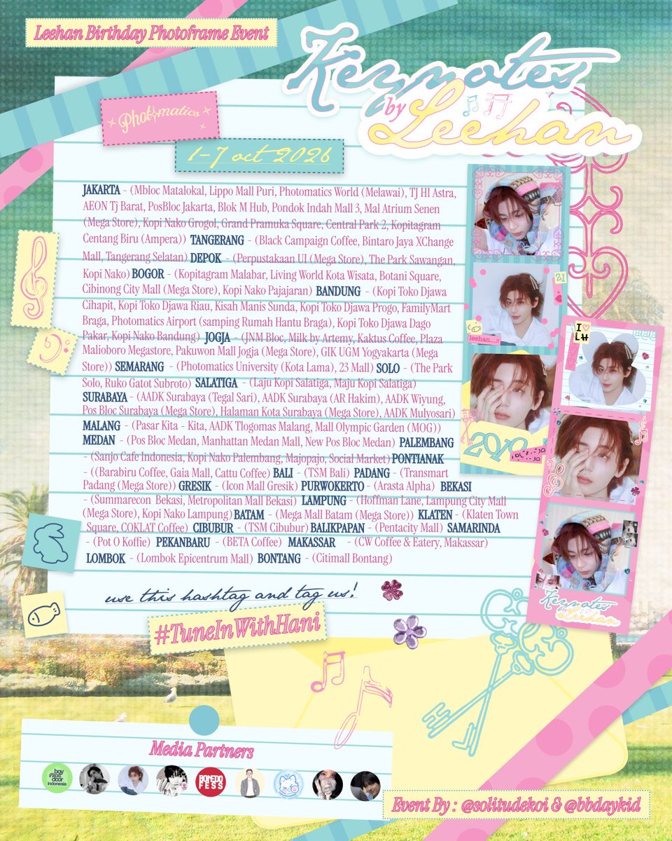 seaofhan's tweet photo. 𑣲𝄞 ꩜ ݁ ˖Ი𐑼⋆
Photoframe event for #LEEHAN birthday by @solitudekoi & @bbdaykid .ᐟ
📍Photomatics (🇮🇩)
🗓️ 1 - 7 October 2026
Capture your best moment with our frame and share it using #TuneInWithHani ♡
#BOYNEXTDOOR #이한 https://t.co/1D4VAHwCDU