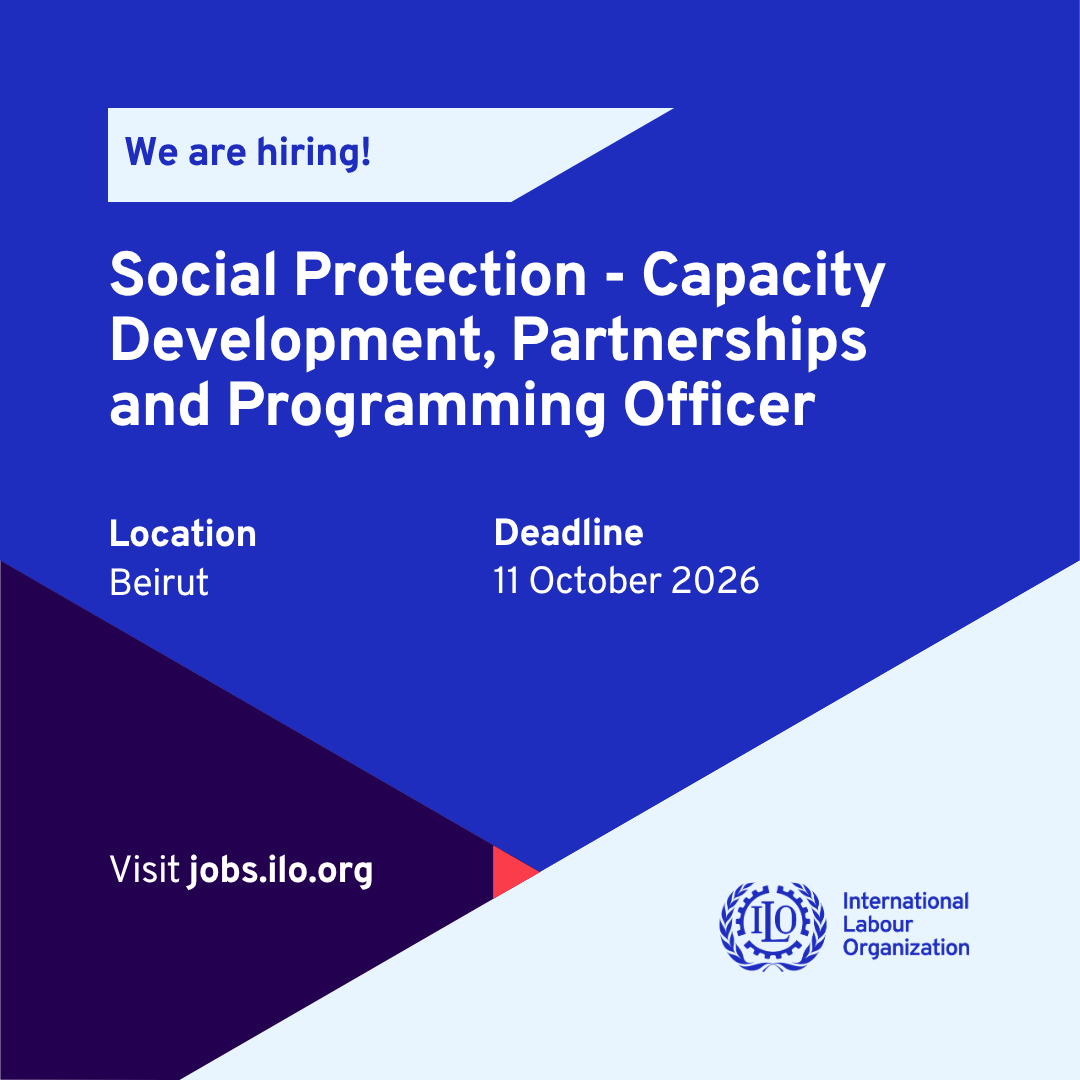 iloarabstates's tweet photo. 🚨JOB OPPORTUNITY🚨

We are hiring for the position of 'Social Protection - Capacity Development, Partnerships and Programming Officer' in Beirut.

📍Duty station: Beirut
⏳11 October 2026- midnight local time.

To check the required skills and qualifications or to apply, click🔗https://t.co/9juUsLF0kG