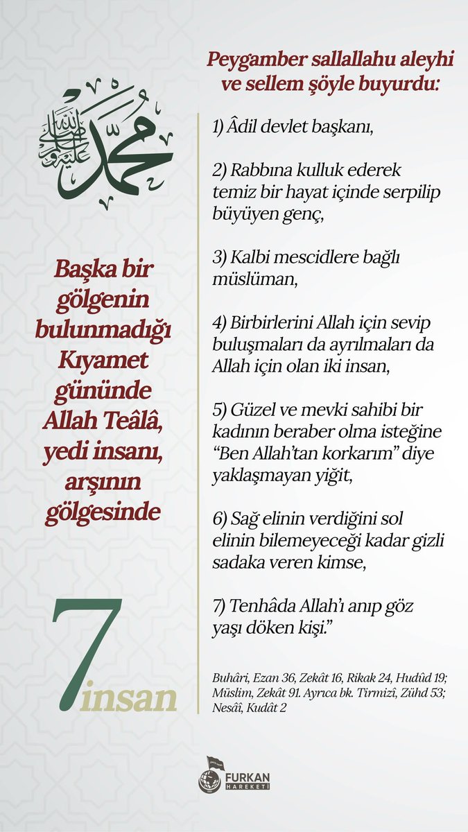 yakupsahinfh01's tweet photo. Ebû Hüreyre radıyallahu anh’den rivayet edildiğine göre Peygamber sallallahu aleyhi ve sellem şöyle buyurdu:

“Başka bir gölgenin bulunmadığı Kıyamet gününde Allah Teâlâ, yedi insanı, arşının gölgesinde barındıracaktır:

1) Âdil devlet başkanı,
2) Rabbına kulluk ederek temiz bir hayat içinde serpilip büyüyen genç,
3) Kalbi mescidlere bağlı müslüman,
4) Birbirlerini Allah için sevip buluşmaları da ayrılmaları da Allah için olan iki insan,
5) Güzel ve mevki sahibi bir kadının beraber olma isteğine “Ben Allah’tan korkarım” diye yaklaşmayan yiğit,
6) Sağ elinin verdiğini sol elinin bilemeyeceği kadar gizli sadaka veren kimse,
7) Tenhâda Allah’ı anıp göz yaşı döken kişi.”

(Buhâri, Ezan 36, Zekât 16, Rikak 24, Hudûd 19; Müslim, Zekât 91)