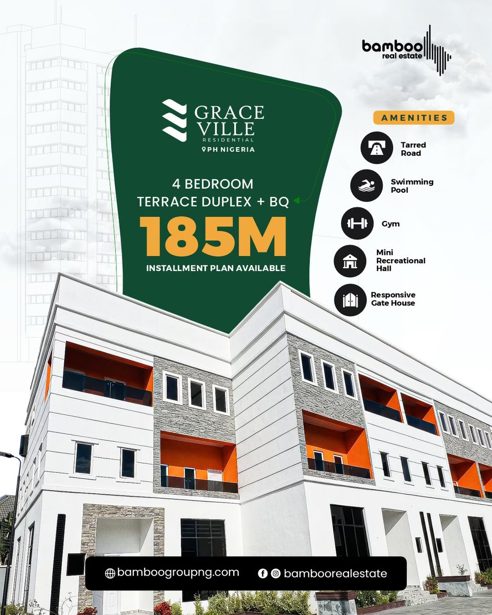 bamboogroup_'s tweet photo. You finally found the kind of home that makes you say… “THIS is the one.”

Welcome to Graceville Residential premium 4-bedroom terrace duplexes + BQ in Port Harcourt.
: Pool
: Gym
: Recreational Hall
: Tarred Road
: Responsive Gate House https://t.co/znLiNdzdEj