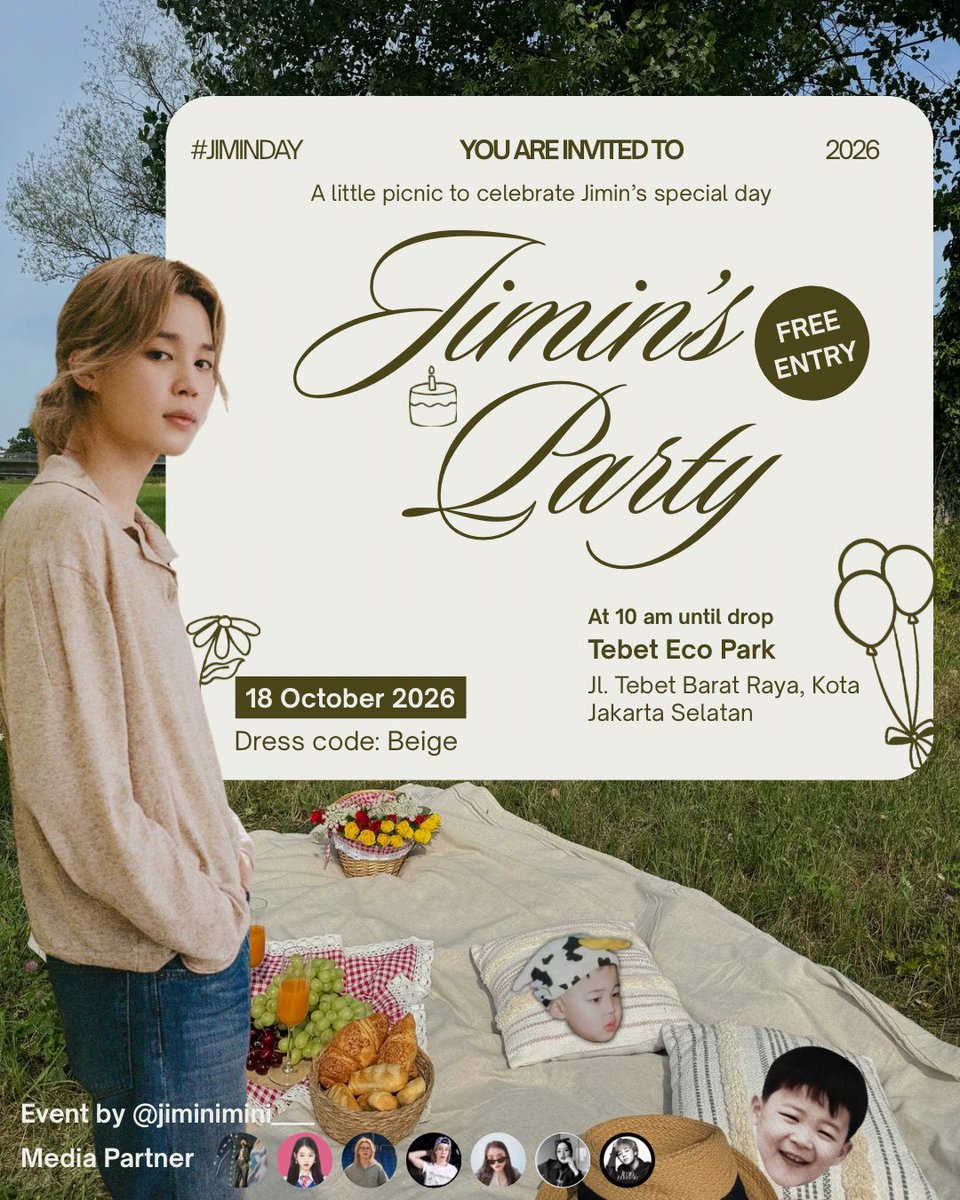 Jiminimini_____'s tweet photo. A little picnic, a lot of Jimin🐣

Let's celebrate Jimin's special day together! Come join us to enjoy snacks, chat, and share a picnic moment with ARMY

📅 18 October 2026
📍 Tebet Eco Park
⏰ 10 AM until drop
🎟️ FREE ENTRY!

See you there! 🐥🤍

Event by me 

#JIMINDAY #Jimin https://t.co/08Yl56i12i