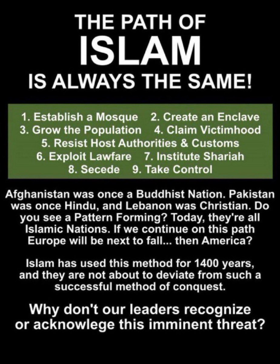 rmlunn's tweet photo. It is the Democrat Party that is embracing Islam. Democrats are helping them run and win. Mamdani, Omar, Tlaib, maybe El-Sayed. Islam is the ideology that says, every day. “Death to America”. They mean it. They are trying to use our political system to destroy us from within. Islam has said this is their strategy. They aren’t even hiding it.

They can’t beat us militarily, so they are using our political system. Get majority power, remove the Constitution, and usher in authoritarian Sharia Law. We have ignorant Americans falling for it. 

If you vote for a Democrat, you are voting for your eventual destruction.