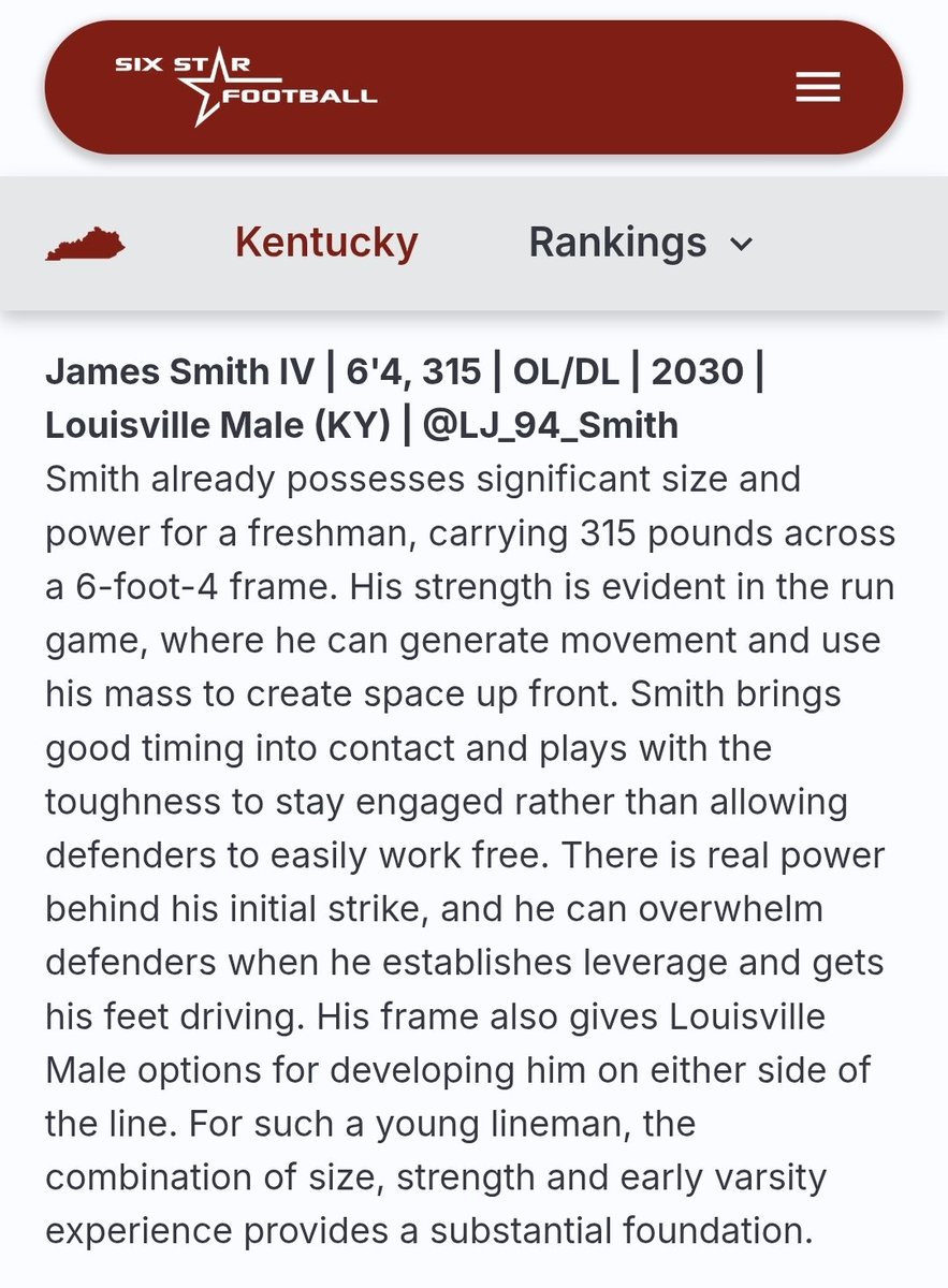 LJ_94_Smith's tweet photo. TY, @Sixstarfootball for the write up. Goal is to be better and learn more each week.  #brotherhood #FRsZn #LinemenHoopToo  @LMHSCoachPorter @KYFUTURESTARS @Coach_QBorders 
@elitibbles  @KPGfootball @Kyhssports_ 
@NickyV05 @coachwatson9 @Coach_Mulford @Im_theeacewales @blake_littman @pete_nochta13 @drew15martin  @DaleWilliamsUL  @vincemarrow 
@AWilliamsUSA
@ErikRichardsUSA
@54SportsNetwork
@CoachWhitt_