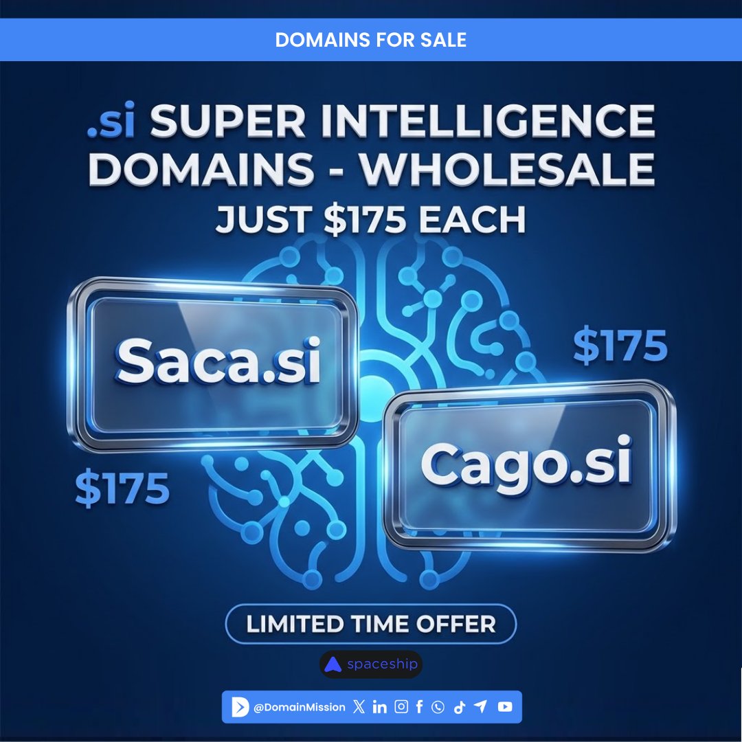 DomainMission's tweet photo. 🚀 (SI) Super Intelligence Domains - Wholesale $175 Each
💎 https://t.co/uplxoKZjrT
💎 https://t.co/GyW8ddo49Z
 .si Domains - L.T.Offer

#SuperIntelligence
#DomainInvesting
#DomainInvestors
#DomainsForSale
#DomainInvestor
#DomainMission
#Domains
#Domain
#SI https://t.co/cGPKP5EuoD