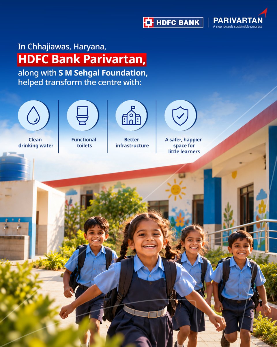 HDFCBankCSR's tweet photo. A little change can make a big difference. In Chhajiawas, Haryana, HDFC Bank Parivartan, with 
S M Sehgal Foundation, improved an Anganwadi with better infrastructure, clean water, and functional toilets, creating a safer, healthier space for children and mothers. https://t.co/3hQrmBJ5bS
