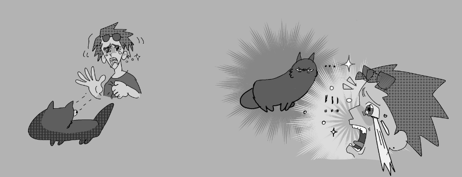 zobitown's tweet photo. bullshit comic from 2021 I just found my cat used to do this thing where she runs in front of my feet while I'm walking and then acts scorned when I kick her on accident it stressed me out so bad https://t.co/30erFWsDNQ