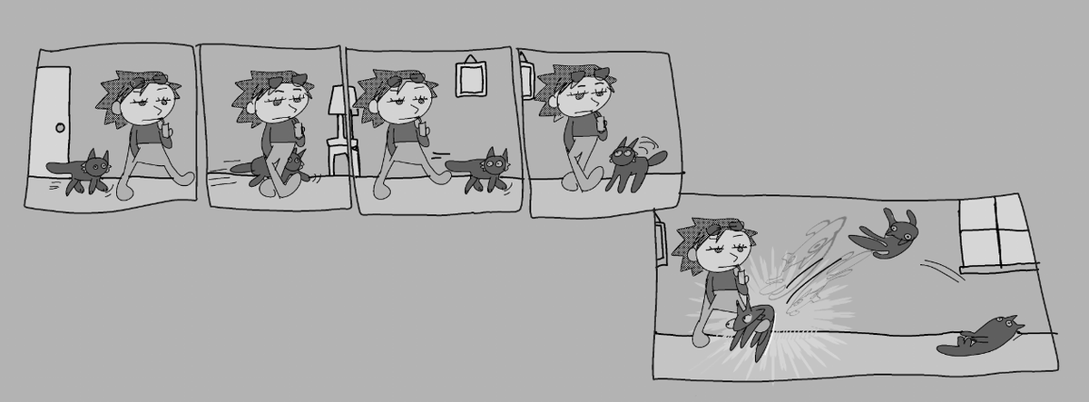 zobitown's tweet photo. bullshit comic from 2021 I just found my cat used to do this thing where she runs in front of my feet while I'm walking and then acts scorned when I kick her on accident it stressed me out so bad https://t.co/30erFWsDNQ