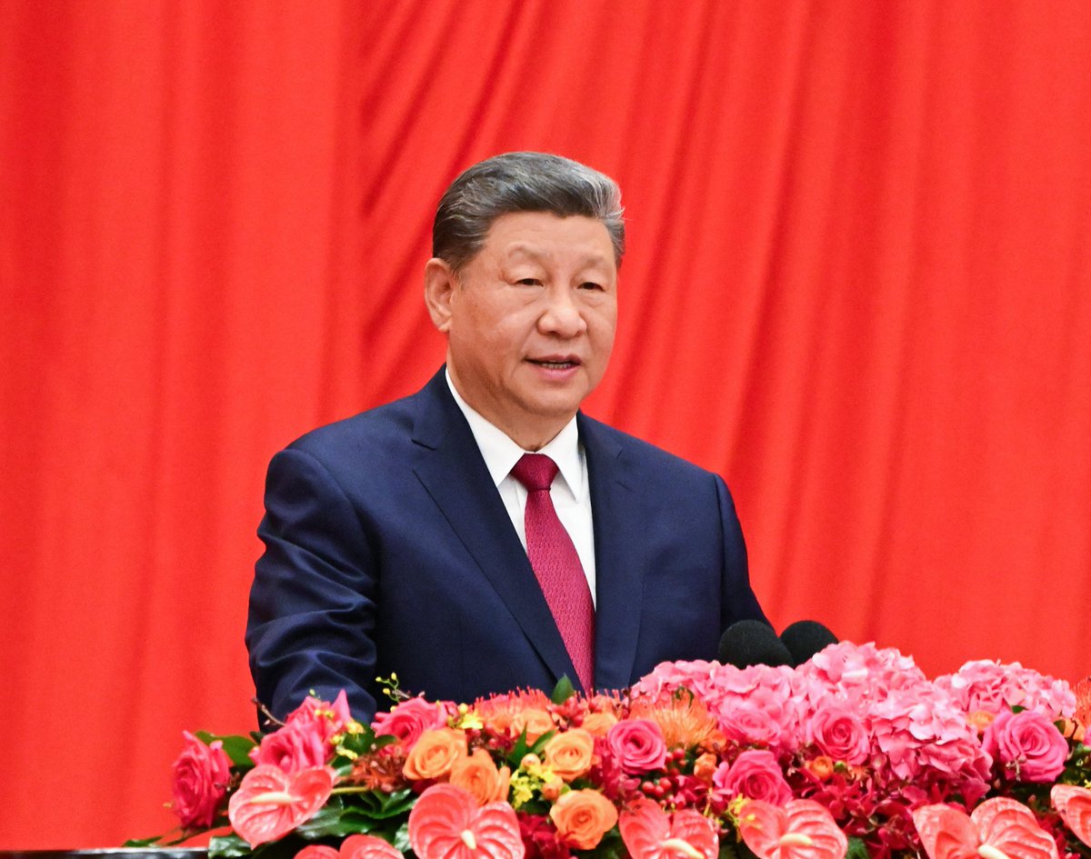 SpoxCHN_MaoNing's tweet photo. President Xi Jinping attended the reception marking the 77th anniversary of the founding of the People’s Republic of China.

President Xi pointed out that over the past 77 years, our Party has rallied and led the people in forging ahead. We have fulfilled the First Centenary Goal of finishing building a moderately prosperous society in all respects, and we are striving to meet the Second Centenary Goal of building China into a great modern socialist country in all respects. 

Since the start of this year, all of us in the Party and the country have forged ahead with enterprise and endeavor. We have formulated China’s 15th Five-Year Plan for economic and social development and started to implement it. We have effectively met various risks and challenges. The economy has made headway despite strong headwinds, achieved high-quality and innovation-driven growth, and demonstrated great resilience and vitality.

As long as we are steadfast in our confidence and pursuit of our goals, and press ahead with solid strides, we can surely achieve success for the great Communist Party of China, the great Chinese people, and the great People’s Republic of China.