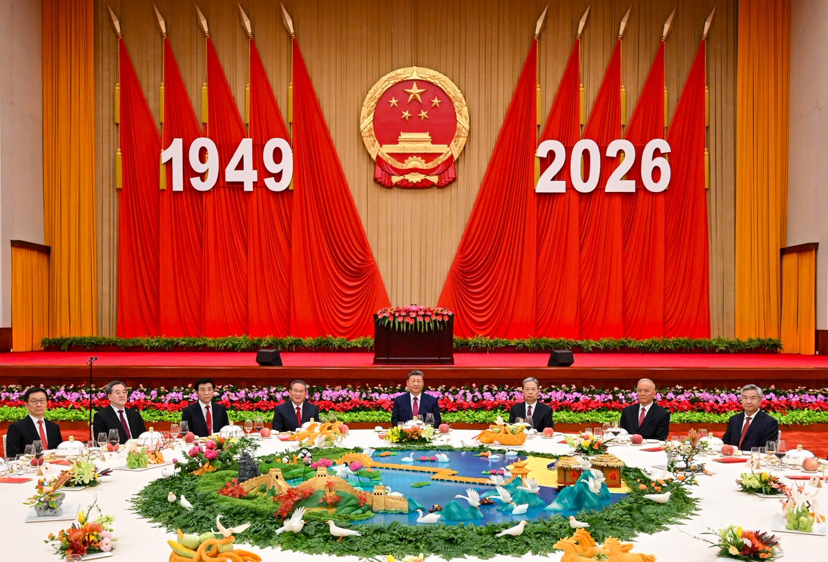 SpoxCHN_MaoNing's tweet photo. President Xi Jinping attended the reception marking the 77th anniversary of the founding of the People’s Republic of China.

President Xi pointed out that over the past 77 years, our Party has rallied and led the people in forging ahead. We have fulfilled the First Centenary Goal of finishing building a moderately prosperous society in all respects, and we are striving to meet the Second Centenary Goal of building China into a great modern socialist country in all respects. 

Since the start of this year, all of us in the Party and the country have forged ahead with enterprise and endeavor. We have formulated China’s 15th Five-Year Plan for economic and social development and started to implement it. We have effectively met various risks and challenges. The economy has made headway despite strong headwinds, achieved high-quality and innovation-driven growth, and demonstrated great resilience and vitality.

As long as we are steadfast in our confidence and pursuit of our goals, and press ahead with solid strides, we can surely achieve success for the great Communist Party of China, the great Chinese people, and the great People’s Republic of China.