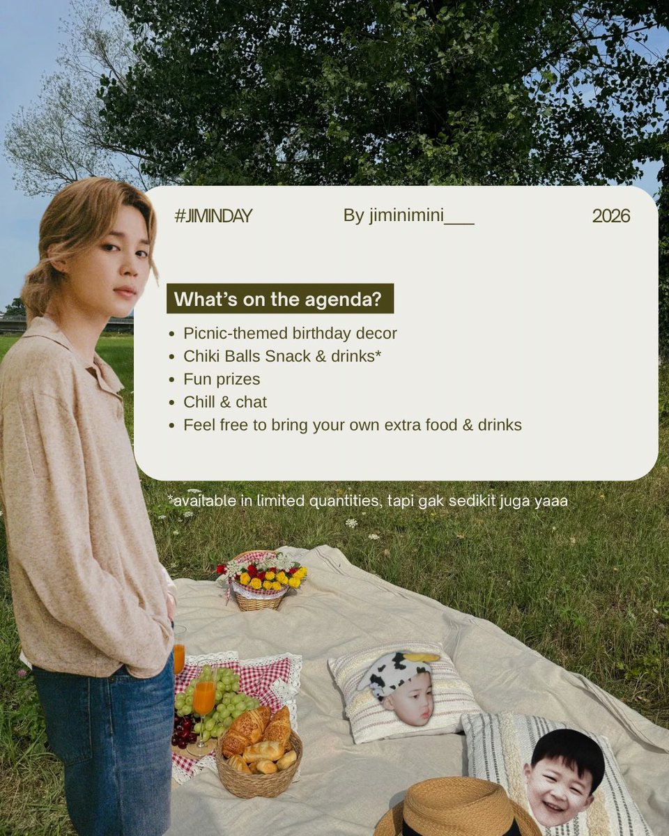PJM_INA's tweet photo. PJM INA turut mendukung acara ini sebagai media partner! 

Yuk, ikut piknik bersama @Jiminimini_____ untuk merayakan hari spesial Jimin 🐥✨

📅 18 Oktober 2026
📍 Tebet Eco Park
⏰ 10.00 WIB — selesai
🤎 Dress code: Beige
🎟️ FREE ENTRY!

See you there! 🐥🤍

Event by @Jiminimini_____

#JIMINDAY #Jimin #JiminBirthday #JiminEvent #PJM #ARMYJakarta