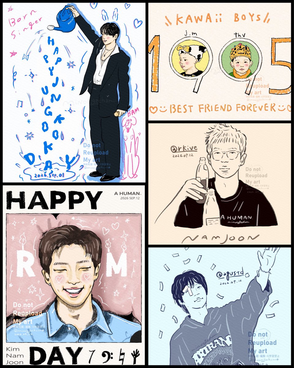 minorigechan's tweet photo. 2026.09 #btsfanart ᝰ✍️
今年もやってきたジョングクさん、ナムさんの誕生日からHappyな月♪̆̈♪̊̈
良き月でした~ありがとうございました🌝✨️
#今月描いた絵を晒そう https://t.co/X7rA4nJ7hq