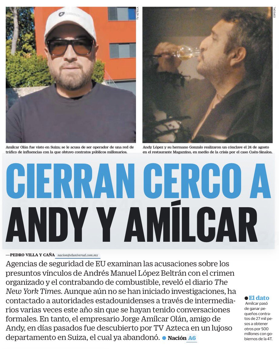 bereaguilarv's tweet photo. ¡Zas! El escándalo hunde al junior de Bienestar. 

La rrred de corrupción de Andy y el vendedor de azulejos es imposible de ocultar. 

EU examina acusaciones de presuntos nexos de Andy con el CO y huachicol. 
Él ya contactó a Washington.

Amílcar, su amigo, pasó de contratos de 27 mil pesos a otros por 500 millones con la 4T. 
Hoy, lujos en Suiza.