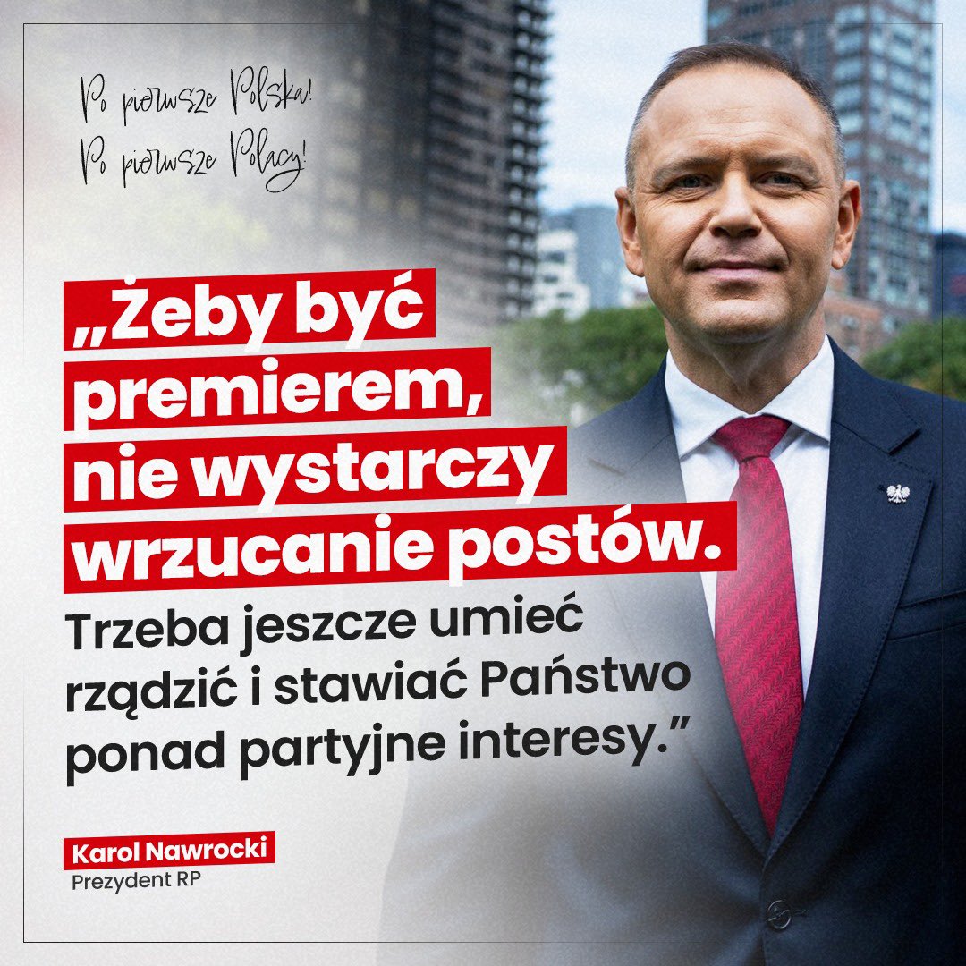 Nawrocki25's tweet photo. Rządzenie państwem to odpowiedzialność, decyzje i stawianie interesu Polski ponad partyjną kalkulację. 🇵🇱 Same wpisy w mediach społecznościowych przez premiera Tuska, nie zastąpią skutecznego działania. https://t.co/TI7vZnakva