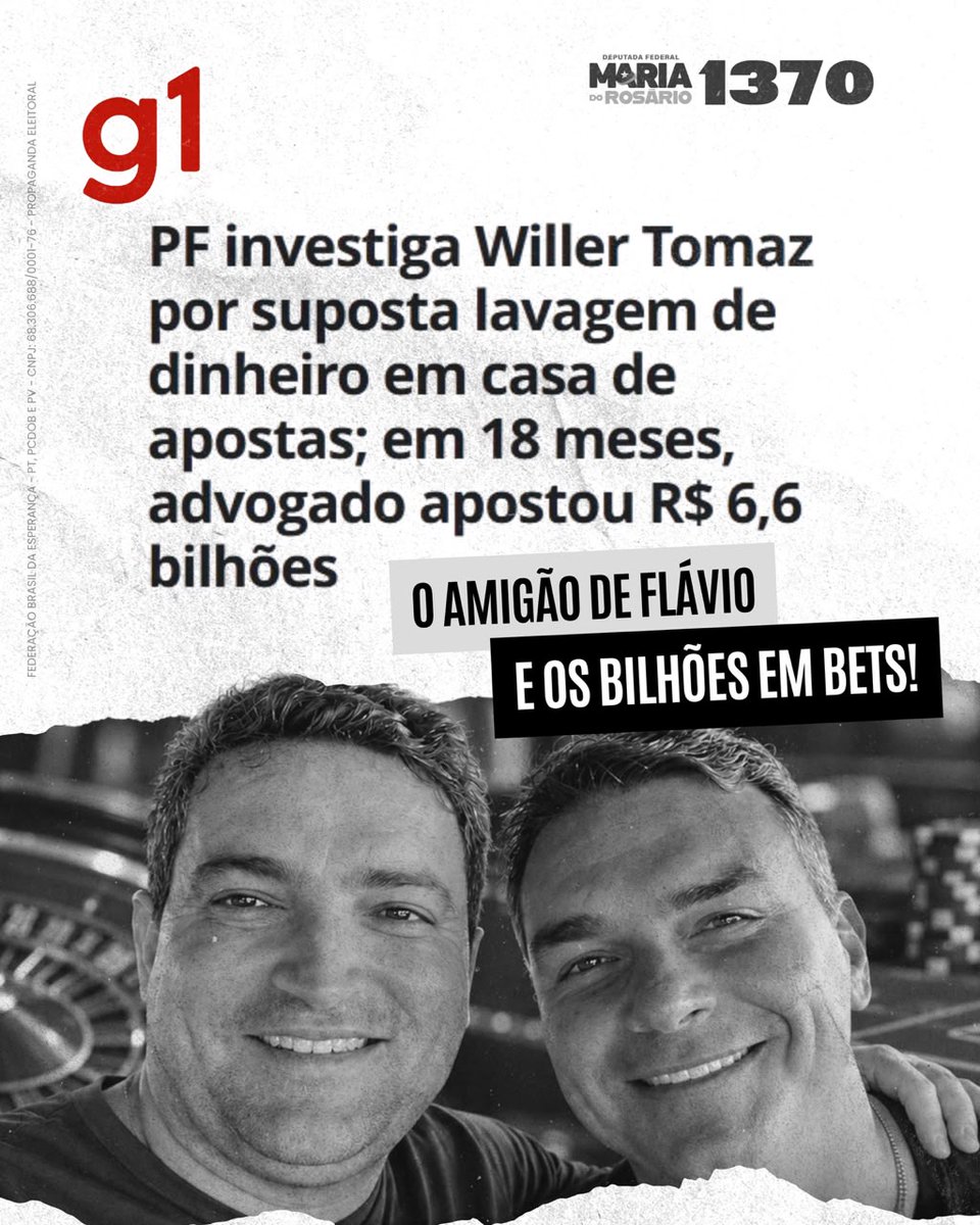 mariadorosario's tweet photo. O AMIGÃO DE VIAGENS DE FLÁVIO BOLSONARO E OS BILHÕES EM BETS

Amigão de viagens de Flávio Bolsonaro, Willer Tomaz apostou mais de 6 bilhões em bets. É impossível imaginar que alguém aposte um volume de dinheiro dessa forma apenas para acertar um resultado; isso tem cara de lavagem de dinheiro para alguém, e não podemos descartar que seja até para alguma facção criminosa. Willer Tomaz viaja com Flávio Bolsonaro para todo lado. Nos últimos anos, eles fizeram várias viagens ao exterior, uma inclusive para fazer um safári na África. Nada como ter um amigão com tanto dinheiro em apostas duvidosas. Seria bom Flávio, que já tem o irmãozão Vorcaro, explicar isso também