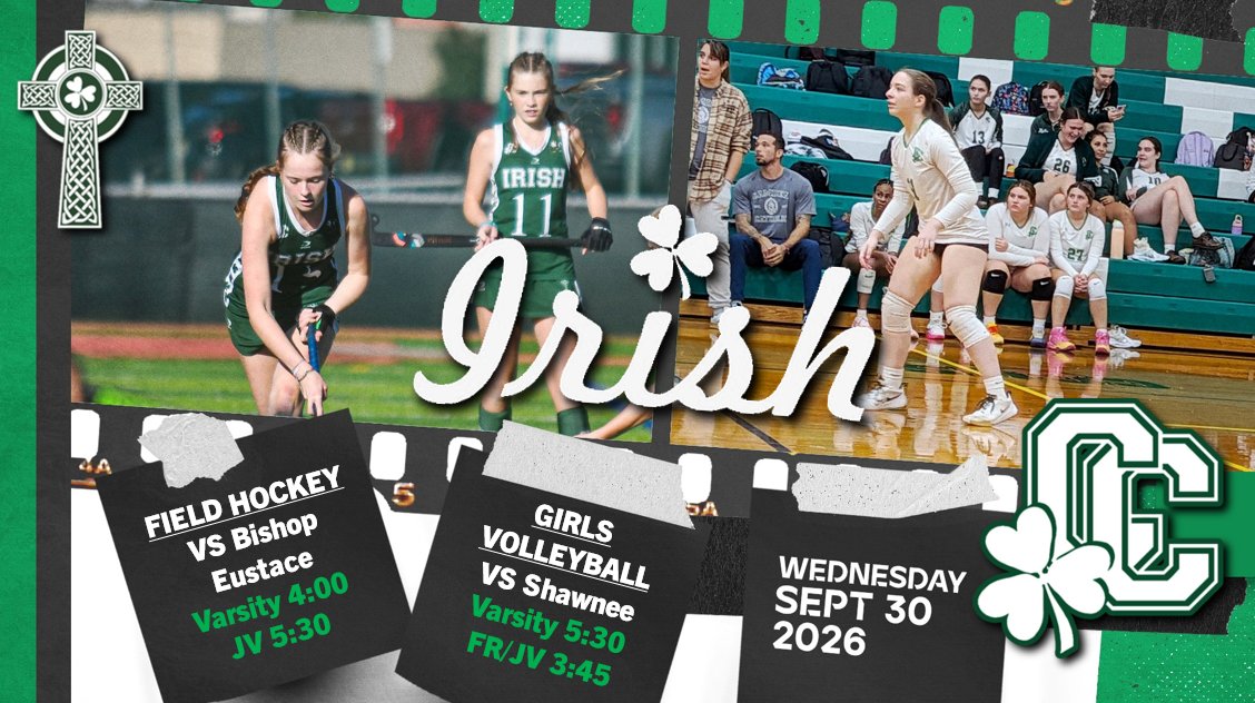 _cchsathletics_'s tweet photo. Camden Catholic Athletics for Wednesday, Sept 30, 2026. Field Hockey hosts Bishop Eustace and Girls Volleyball hosts Shawnee. Go Irish! #HFL ☘️🏑🏐 https://t.co/oTwe5C5Fyy