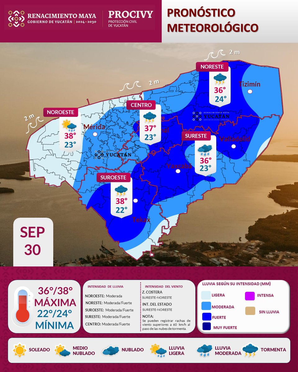 RUVAJAL's tweet photo. 🌧️ #Pronóstico | Miércoles 30 de septiembre
⚠️ Lluvias moderadas a fuertes entre las 12:00 y 15:00 horas en Tizimín, Chemax, Valladolid, Sucilá y Panabá; gradualmente en Izamal, Tunkás, Sotuta, Tekax y Tzucacab.

☔ Mérida: lluvia moderada de 14:00 a 16:00 h. https://t.co/klks6qO4tX