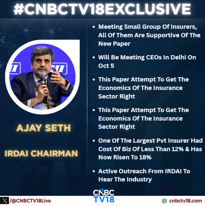 CNBCTV18Live's tweet photo. #CNBCTV18Exclusive | “The insurance consultation paper is not merely about lowering distribution costs; it aims to make the entire sector more efficient and productive,” says Ajay Seth, Chairman, #IRDAI, to CNBC-TV18.
#CNBCTV18 #IRDAI #Insurance #AjaySeth #Bancassurance #Policyholders