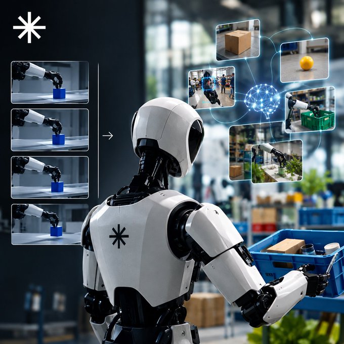 A humanoid white and black robot stands in a warehouse setting, with floating holographic displays showing various tasks including robotic arms manipulating blue cubes and a neural network diagram.
