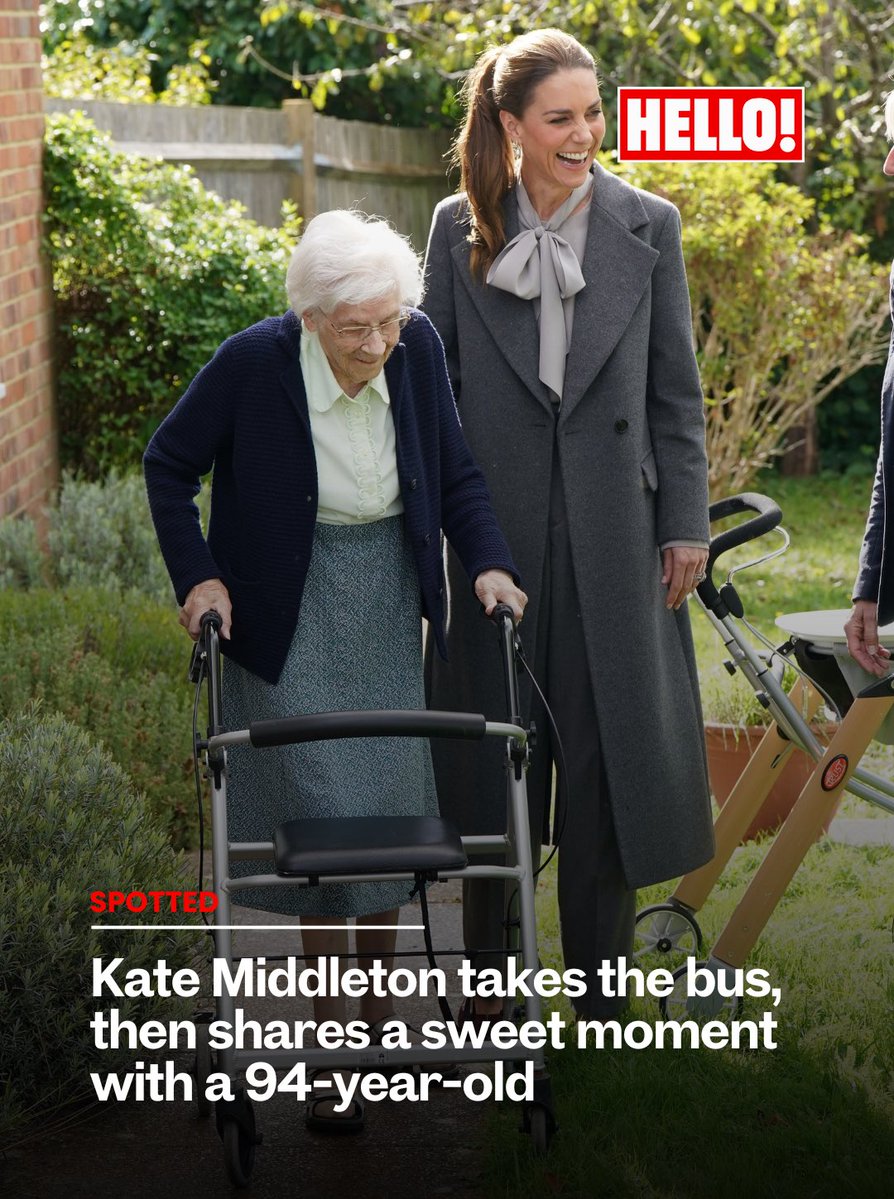 HELLOmagIndia's tweet photo. #PrincessKate takes a #WestSussex minibus to visit 94-year-old resident Stella Drewett, dressed in an elegant grey coat &amp; trousers. The royal later joined a community lunch for local seniors. #HELLOIndia #HELLOMagazine #KateMiddleton #PrincessOfWales @KensingtonRoyal https://t.co/416iloHdwS