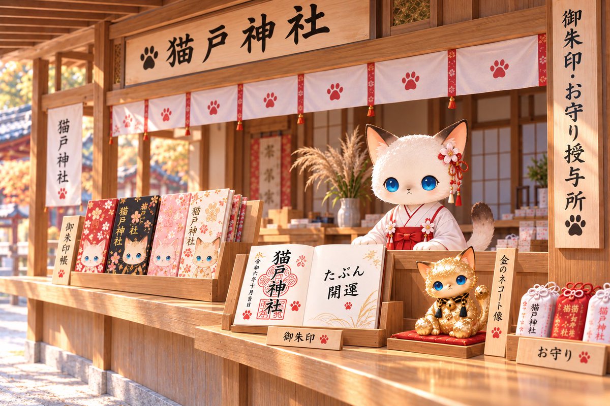 Vogel24R's tweet photo. 猫戸神社で御朱印を売り出し……ではなく、授与しておりまーす。
書き置き？ないよ？御朱印帳忘れてきたのか～。
じゃあ、御朱印帳もあるから、それとセットね🐱

※架空の神社です

 #AIイラスト #ネコート https://t.co/JUFXBeF0Vu