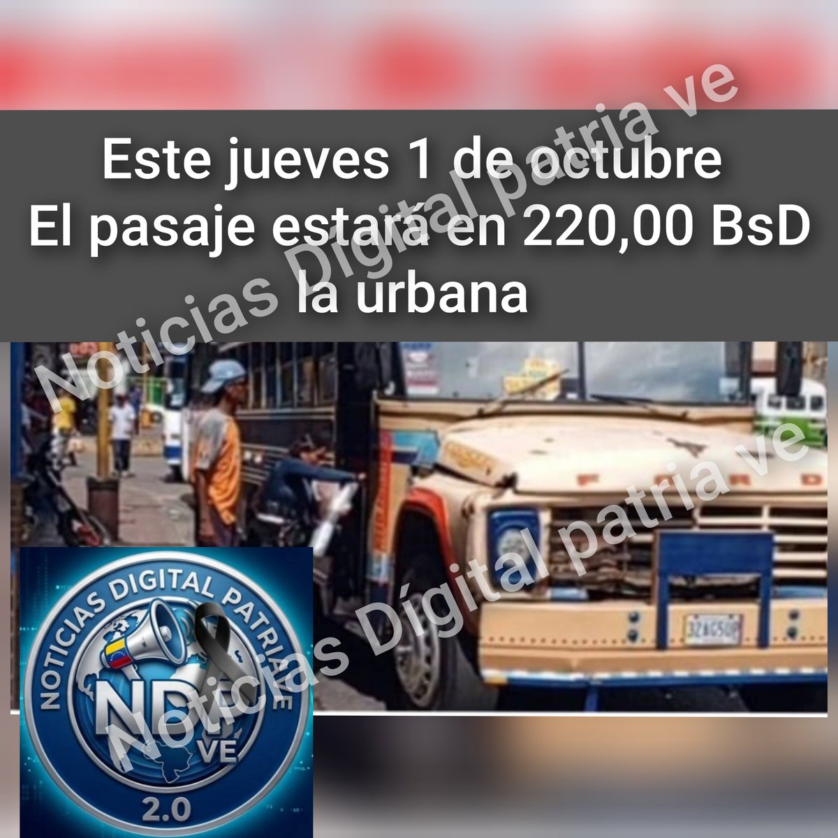 NoticiasDpatria's tweet photo. 🚌🪙Octubre arrancará con pasaje mínimo urbano en 220 bolívares

Este jueves 1 de octubre, gremios del transporte informaron que la nueva tarifa mínima del pasaje urbano en todo el país queda fijada en 220 bolívares. https://t.co/RiWXktNE7q