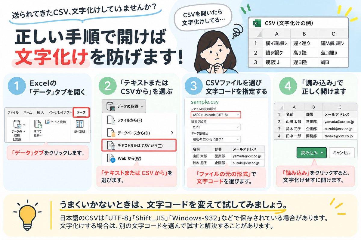 Process_lab01's tweet photo. 送られてきたCSVをExcelで開いたら、文字化けしていたことありませんか？

そのまま開くのではなく、Excelの「データ」→「テキストまたはCSVから」で読み込み、文字コードを確認してみましょう。

UTF-8やShift_JISなど、正しい文字コードを選ぶのがポイントです。

#Excel #CSV #業務効率化 #DX https://t.co/mFEEHxglcg