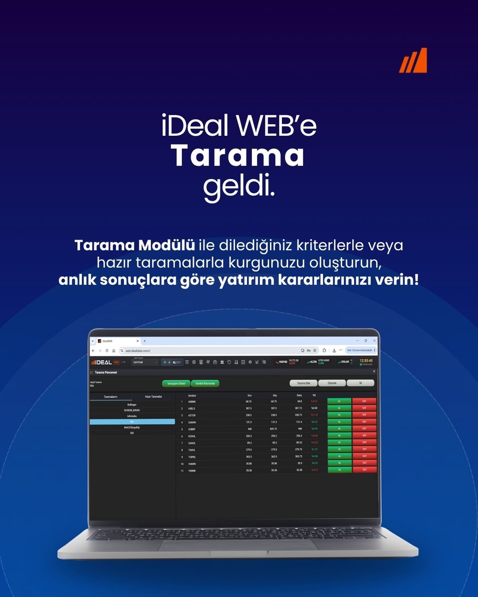 idealdata_'s tweet photo. iDeal WEB'e Tarama Modülü geldi!
Dilediğiniz kriterlerle veya hazır taramalarla kurgunuzu saniyeler içinde oluşturun, yatırım kararlarınızı hızlı verin.
#iDeal #iDeAlgo #Tarama #BIST100 #XU100 #Ekonomi #Yatırım #Borsa #Piyasalar https://t.co/rvBXj6wgE4