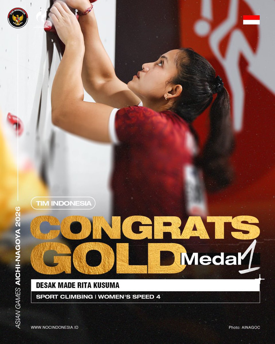 panditfootball's tweet photo. Melesat lebih cepat 0.002s, Desak Made Rita Kusuma mempersembahkan medali emas keempat Indonesia di Asian Games 2026 Aichi-Nagoya di cabang olahraga Sport Climbing, Women's Speed 4.

Terima kasih atas perjuanganmu, Desak! It couldn't have been closer! 🇮🇩🥇 

📷: NOC Indonesia https://t.co/7hIdYGai93