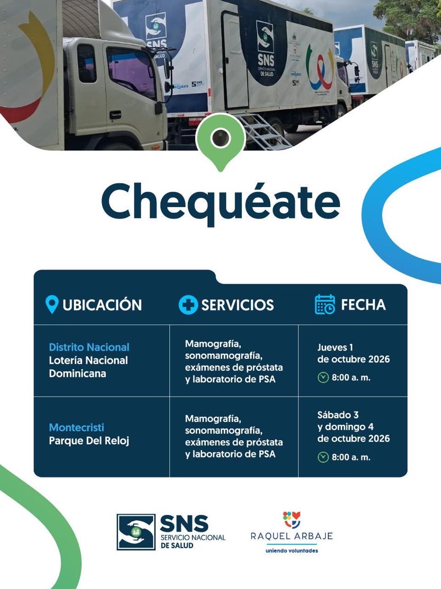 SNSRDO's tweet photo. ¡Seguimos acercando los servicios de salud preventivos!

Las unidades móviles del SNS estarán este jueves 1 de octubre en el Centro de los Héroes, en el Distrito Nacional. Además, se trasladarán el sábado 3 y domingo 4 de octubre al Parque El Reloj, en Monte Cristi. https://t.co/8inERT65Us