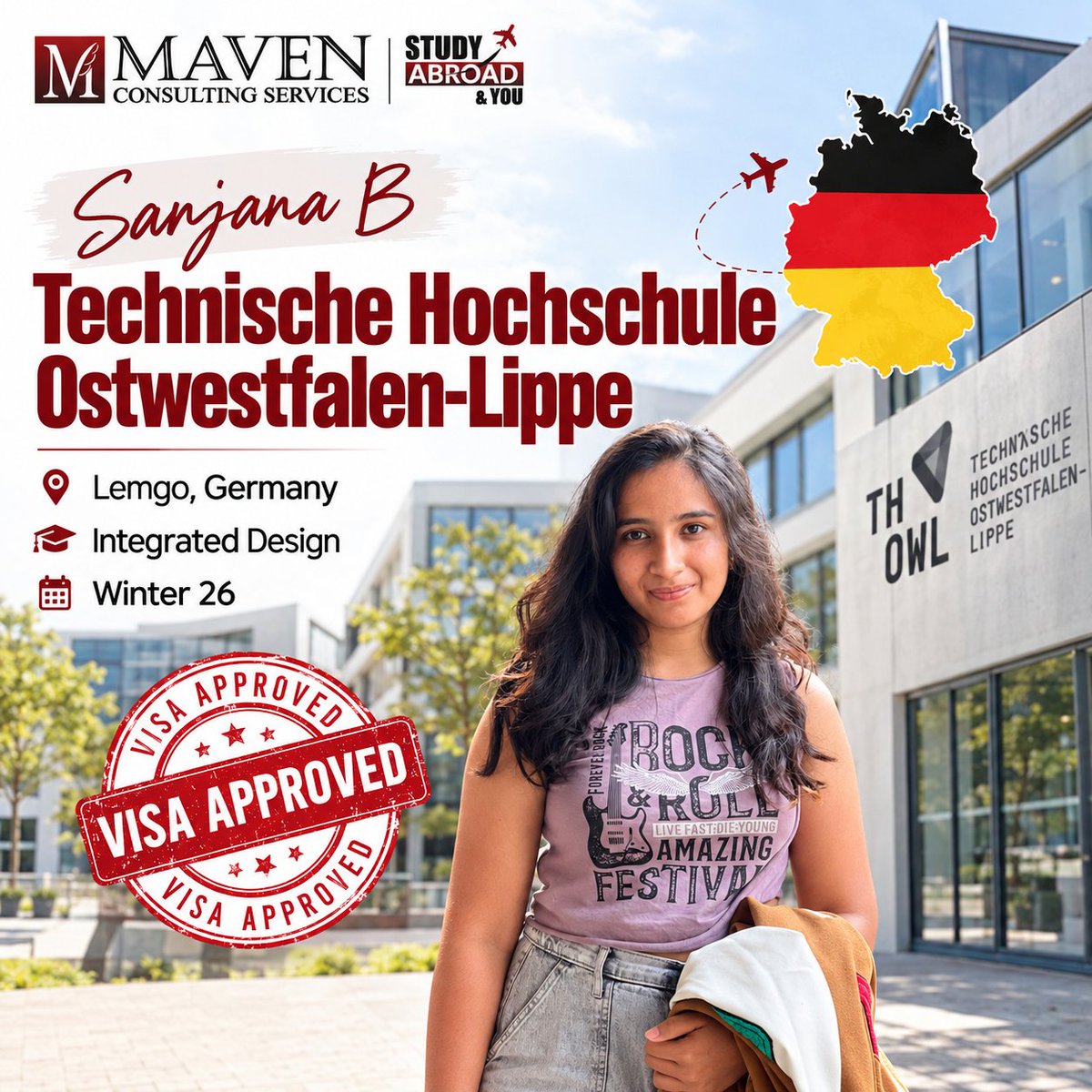 MavenContact's tweet photo. Congratulations to Sanjana on her student visa approval! She’s all set to pursue Integrated Design at TH OWL, Lemgo, for Winter 2026. Wishing her success ahead
#VisaApproved #StudyInGermany #THOWL #MavenConsulting https://t.co/7XlA4fhTSH