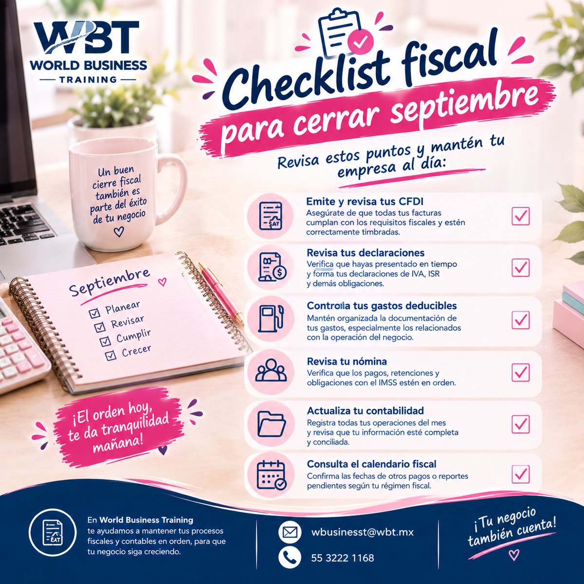 WorldBusinessT3's tweet photo. 📋 Checklist fiscal para cerrar septiembre ✅
☑️ Revisa tus CFDI
☑️ Verifica declaraciones
☑️ Organiza gastos deducibles
☑️ Revisa nómina
☑️ Actualiza tu contabilidad
☑️ Consulta próximos vencimientos

📊 El orden fiscal facilita una mejor gestión de tu negocio.
#SAT #PyMEs https://t.co/Uhmau1X4D6
