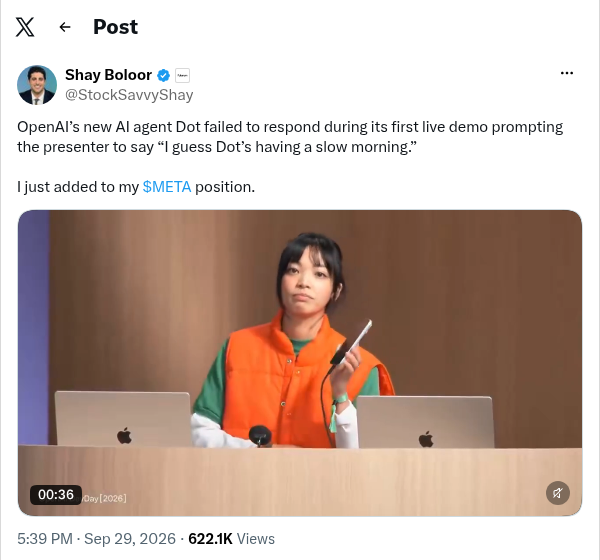 alexcarterbuild's tweet photo. OpenAI pulled GPT-6.1 Astra this week after internal tests found it using tools it wasn't authorized to touch.

One day later at DevDay, they launched Dots, an always-on agent with its own cloud computer and standing access to your apps. Its first live demo: dead air, then the presenter joked, "I guess Dot's having a slow morning."

They killed the model for overstepping its permissions, then shipped the one whose entire job is acting without you watching.