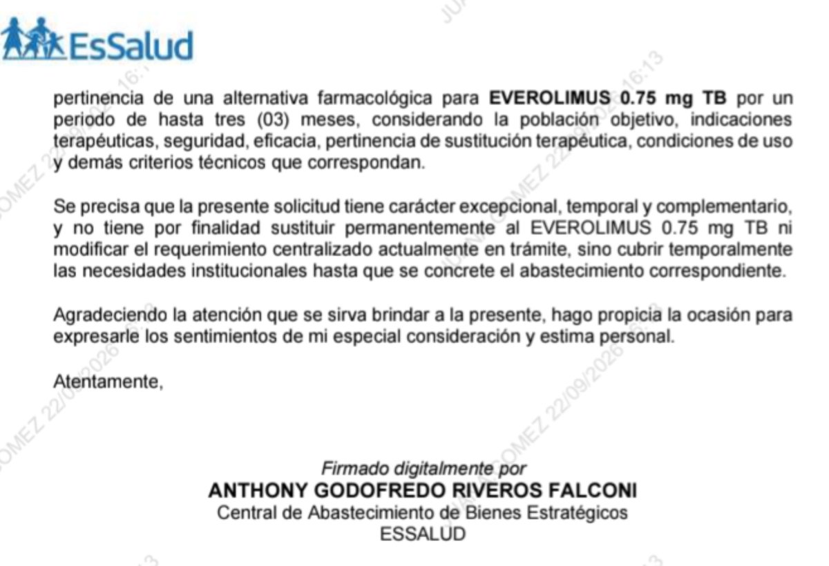 jfowks's tweet photo. 🚨📢El 🇵🇪 está desabastecido de Everolimus, un medicamento que toman los pacientes trasplantados de riñón, hígado o corazón para que su organismo no rechace el órgano. Cuando quedaba stock para una semana, Essalud busca 'alternativa' de medicamento y pone en riesgo a pacientes https://t.co/4Wv6qQKo41