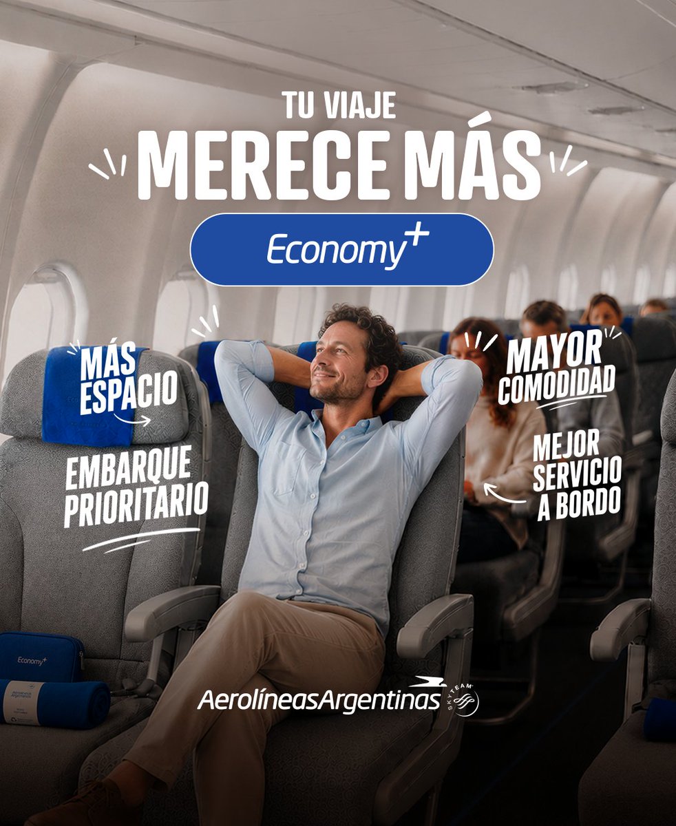 Aerolineas_AR's tweet photo. Tu viaje merece más. ✈️ Conocé nuestra nueva Economy+ en https://t.co/7JMWFRggDJ y disfrutá de una manera más cómoda de volar, con mayor espacio, prioridad de embarque y un mejor servicio a bordo.
Más comodidad para disfrutar cada vuelo.
¡Te esperamos a bordo! ✈️🇦🇷 https://t.co/rUiSQfRPOl