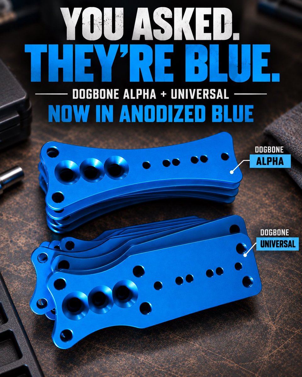 pewcentric's tweet photo. 🔵 By popular demand, DOGBONE Alpha + Universal are now available in anodized blue... exclusively on Pewcentric.

🏷️ Save 5% with promo code HANGER
➡️ https://t.co/VctFwAHaEz https://t.co/o9jDlxw7NQ