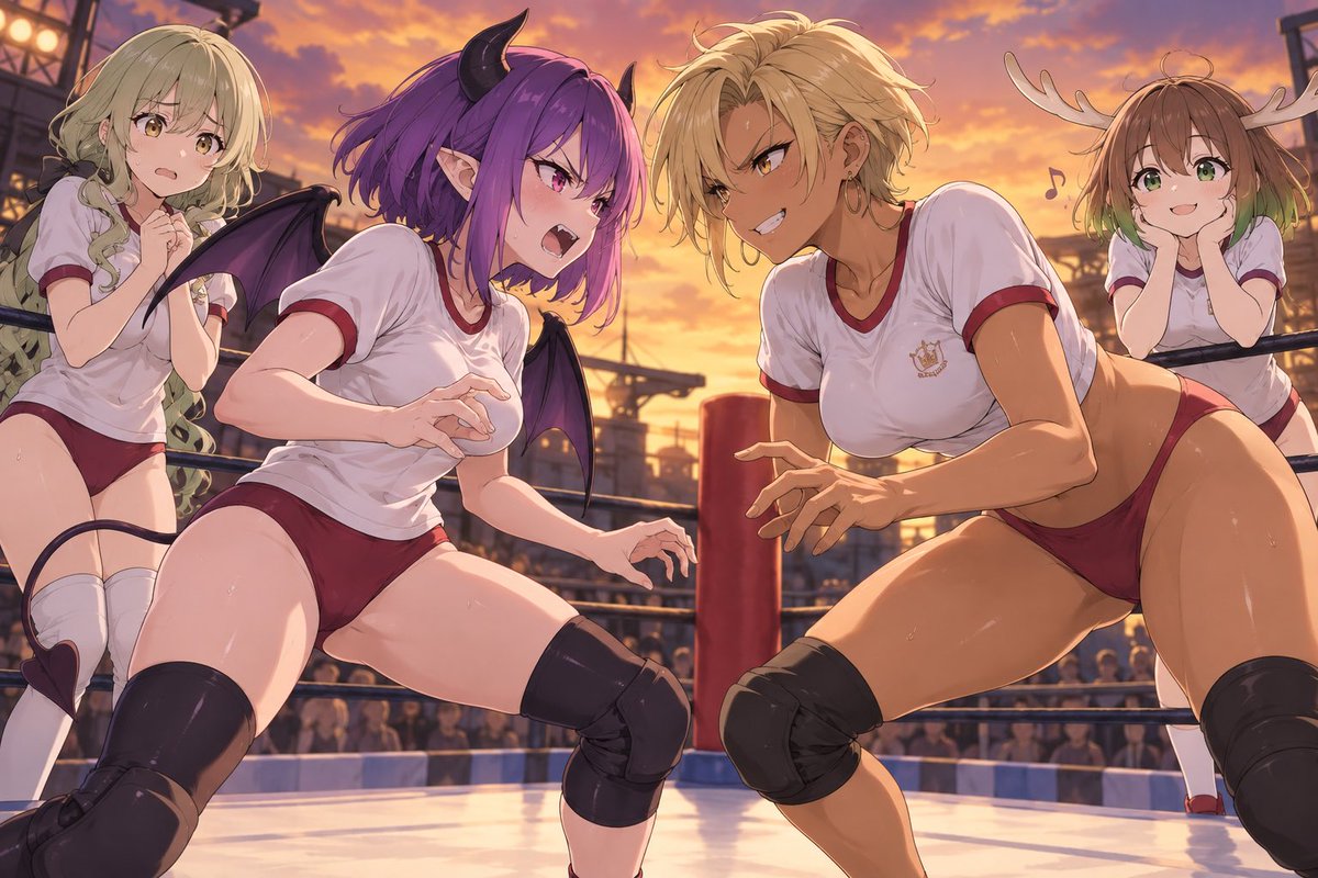 goldjinkan's tweet photo. 📖 第1話はこちら
👇
https://t.co/m7ycHlv25j

🥊ナイアVSエドナ、ついにリングで直接対決――！！

本編で神羅を執拗に敵視し続けるナイアに、とうとうエドナの堪忍袋の緒が切れた。

エドナ
「神羅にいつまでネチネチ絡んどんねん！ ウチが相手したるわ！！💢」

ナイア
「上等じゃない……誰が相手でも関係ないわよ！！💢」

そして始まったレスリング勝負🔥
ところが二人とも一歩も譲らず、まさかの決着つかず。

止めようとするシュリはオロオロ💦
その横で妹イホウンデーだけは今日ものほほん🦌

果たしてこの二人、仲直りする日は来るのか……？

#乂阿戦記 #小説家になろう