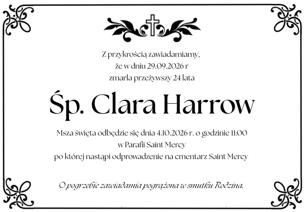 dqriam's tweet photo. Z przykrością zawiadamiamy o odejściu naszej drogiej siostry, Clary. W imieniu rodziny i bliskich oraz naszym własnym, prosimy o modlitwę za nią.

Zapraszamy również na wspólne czuwanie nad jej duszą, które odbędzie się w ten czwartek i rozpocznie się o godzinie 19:00. https://t.co/WDfJqNdF9f