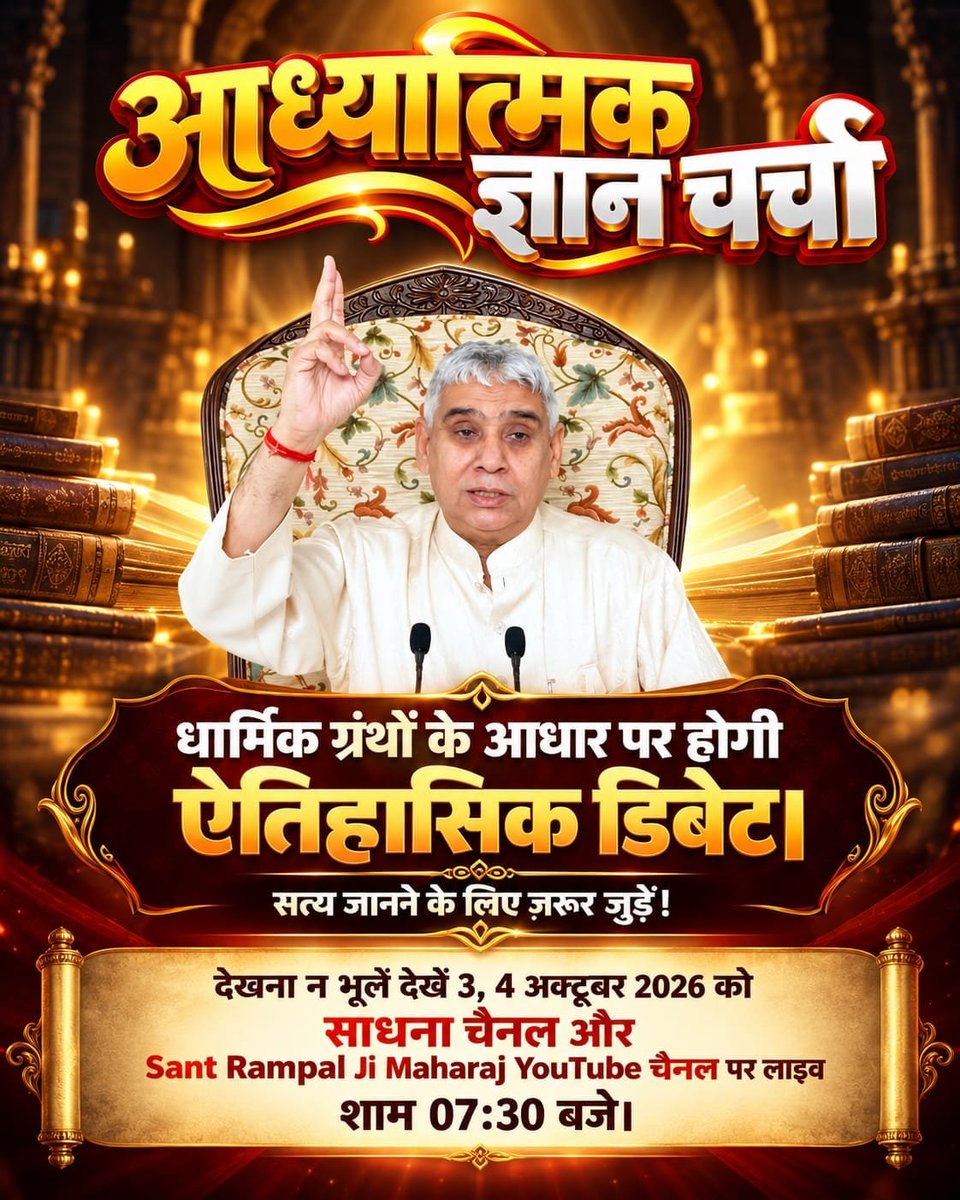 1rajkumar123's tweet photo. #50लाख_की_ऐतिहासिक_डिबेट

▶️डिबेट का पहला विषय - सृष्टि रचना: सबसे पहला मुख्य विषय होगा कि ब्रह्मांड और सृष्टि की उत्पत्ति कैसे हुई।

▶️देखें लाइव 3 और 4 अक्टूबर 2026 को साधना चैनल पर शाम 7:30 बजे से 9:30 बजे तक।

Challenge By Sant RampalJi https://t.co/eIySz1M4ED