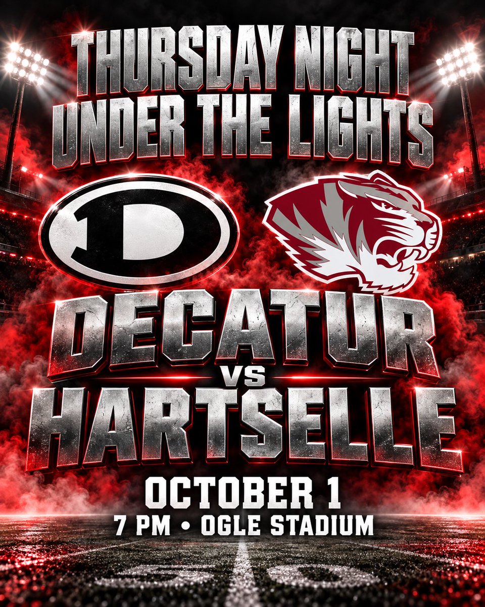 dhsfoot_ball's tweet photo. Decatur vs Hartselle  at Ogle Stadium Thursday  Oct 1st! Kickoff at 7pm. 
#fn5gl 
#Entry
#RedRaiders 
#Tradition 
@TMobile https://t.co/bWZcDiyVHd