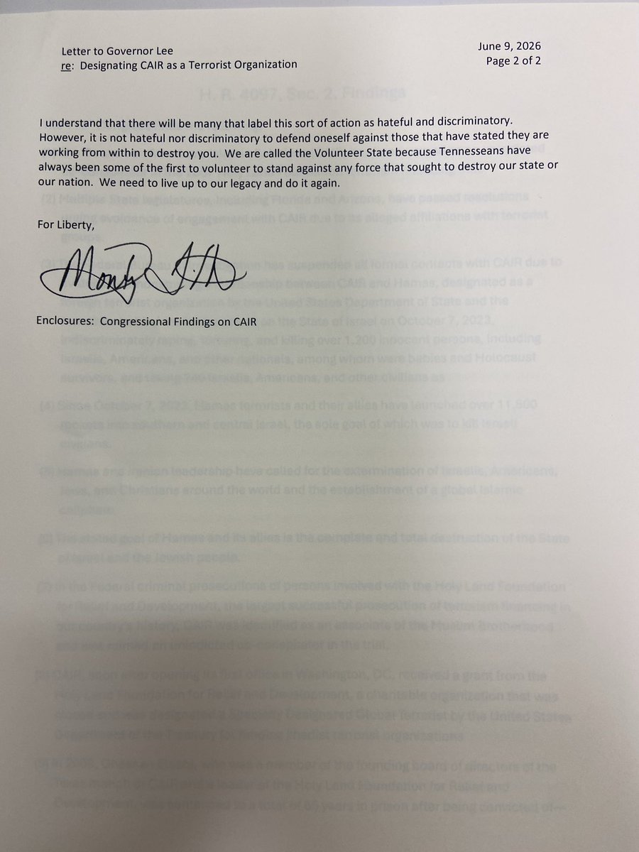 MontyFritts4TN's tweet photo. We asked (early June) our Governor to take a similar to DeSantis approach on designating CAIR as terrorist org in TN. 

Governor’s office May have been too busy attacking the 2A with Hughes v Lee appeal or courting Seattle WA culture into TN with Starbucks deal (reported $30 million incentives). 

TNECD reportedly agreed to help fund AMAC (according to AMACTN site) tech activities specifically for refugees and new Americans.  See voting link (purple) on that page, it offers voting rights advice in 6 foreign languages. Fundamental question, should a person be voting in Tennessee if they need a foreign language guide?

Every Christian worldview office holder should make this same request. 

You should be asking your representative or senator or any candidate what is their on record position regarding this matter. 

We are not in a time for weak political leadership. Weak leadership will bring hard times.