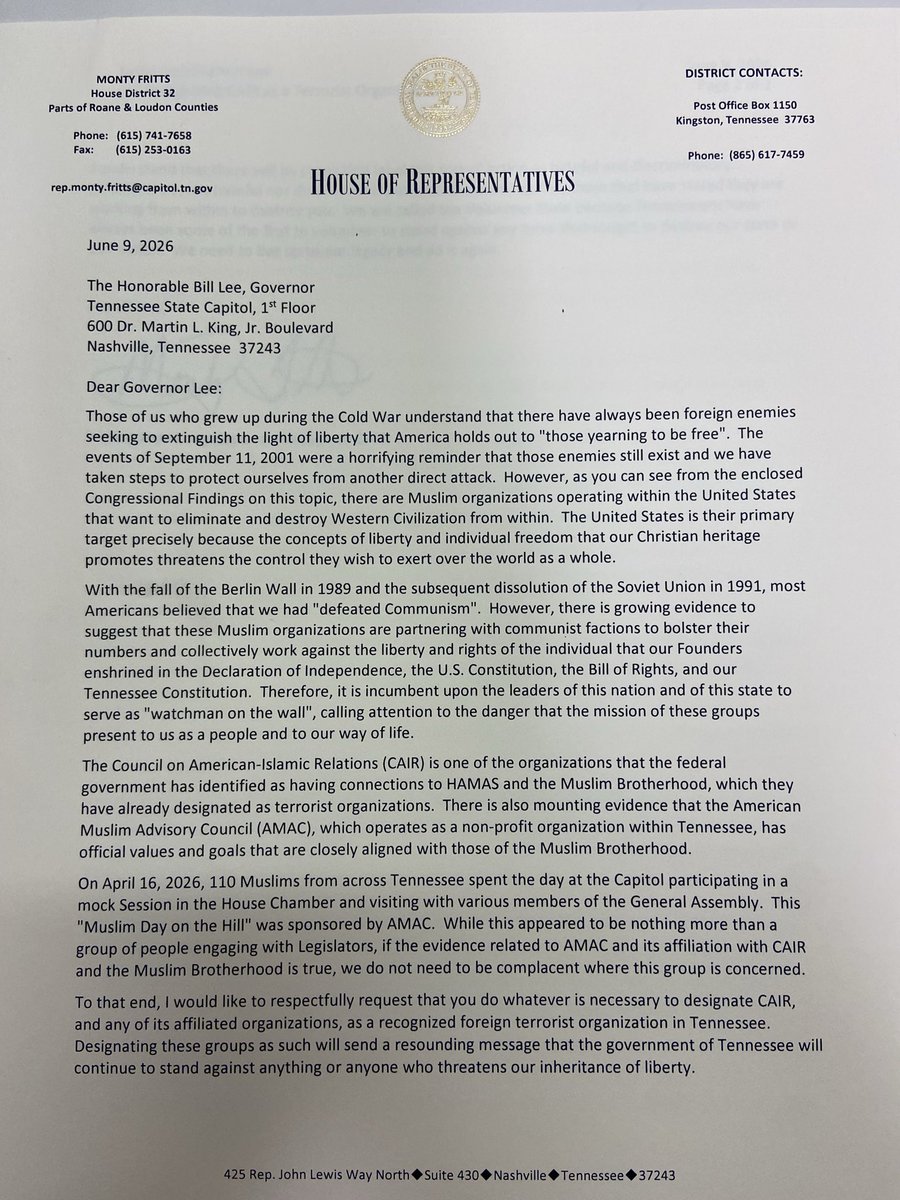 MontyFritts4TN's tweet photo. We asked (early June) our Governor to take a similar to DeSantis approach on designating CAIR as terrorist org in TN. 

Governor’s office May have been too busy attacking the 2A with Hughes v Lee appeal or courting Seattle WA culture into TN with Starbucks deal (reported $30 million incentives). 

TNECD reportedly agreed to help fund AMAC (according to AMACTN site) tech activities specifically for refugees and new Americans.  See voting link (purple) on that page, it offers voting rights advice in 6 foreign languages. Fundamental question, should a person be voting in Tennessee if they need a foreign language guide?

Every Christian worldview office holder should make this same request. 

You should be asking your representative or senator or any candidate what is their on record position regarding this matter. 

We are not in a time for weak political leadership. Weak leadership will bring hard times.