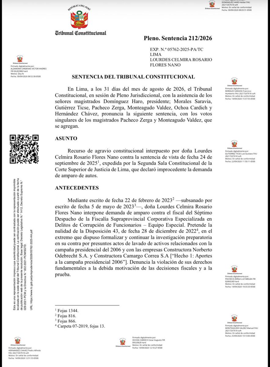 Epicentro_TV's tweet photo. 🔴 #ÚLTIMO | El Tribunal Constitucional declaró fundada la demanda de amparo de Lourdes Flores Nano y anuló actuaciones fiscales vinculadas a la investigación por los aportes a su campaña presidencial de 2006. https://t.co/RtdbyM1MzE