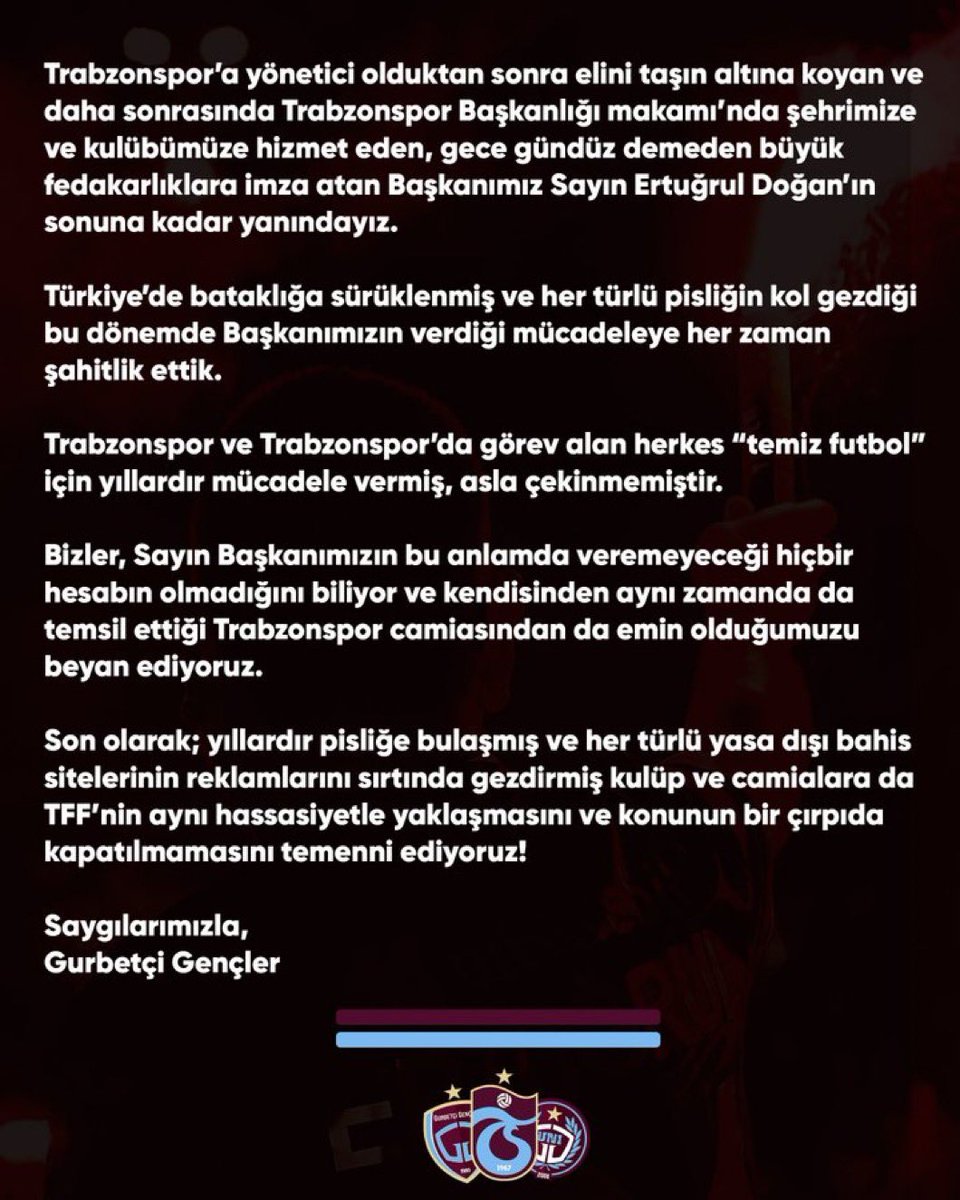 Trabz10TV's tweet photo. Gurbetçi Gençler’den Trabzonspor Başkanı Ertuğrul Doğan’a tam destek mesajı https://t.co/AG4yofcfc2