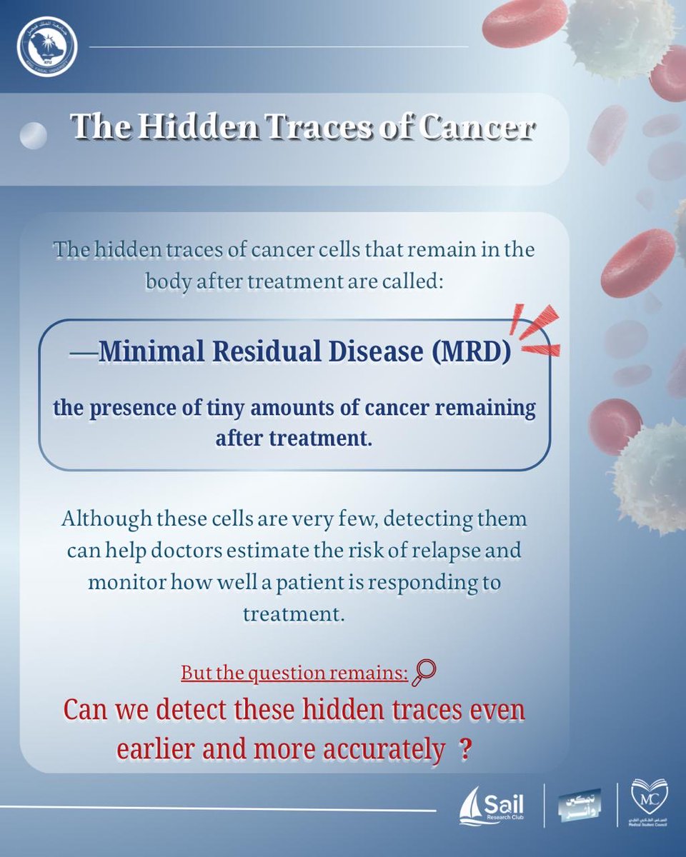 MSCKFU's tweet photo. مع ختام شهر التوعية بسرطان الدم… تستمر رحلة البحث والاكتشاف 🩸🔬

إلى أي مدى استطاع العلم اليوم تعقّب الخلايا السرطانية الخفية بعد العلاج؟

يقدم لكم نادي سيل نظرة بحثية مركزة على أحدث دراسات الـ ctDNA في مراقبة مرضى سرطان الدم والتنبؤ بالانتكاس.

التفاصيل كاملة في الشرائح المرفقة 📑

#المجلس_الطلابي_الطبي
#شهر_التوعية_بسرطان_الدم
